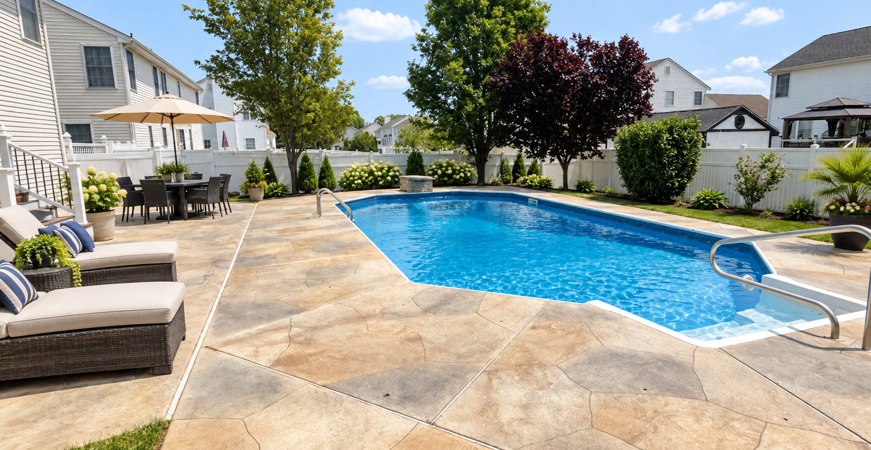 Backyard swimming pool with tan stone patio, lounge chairs, and white umbrellas under a blue sky