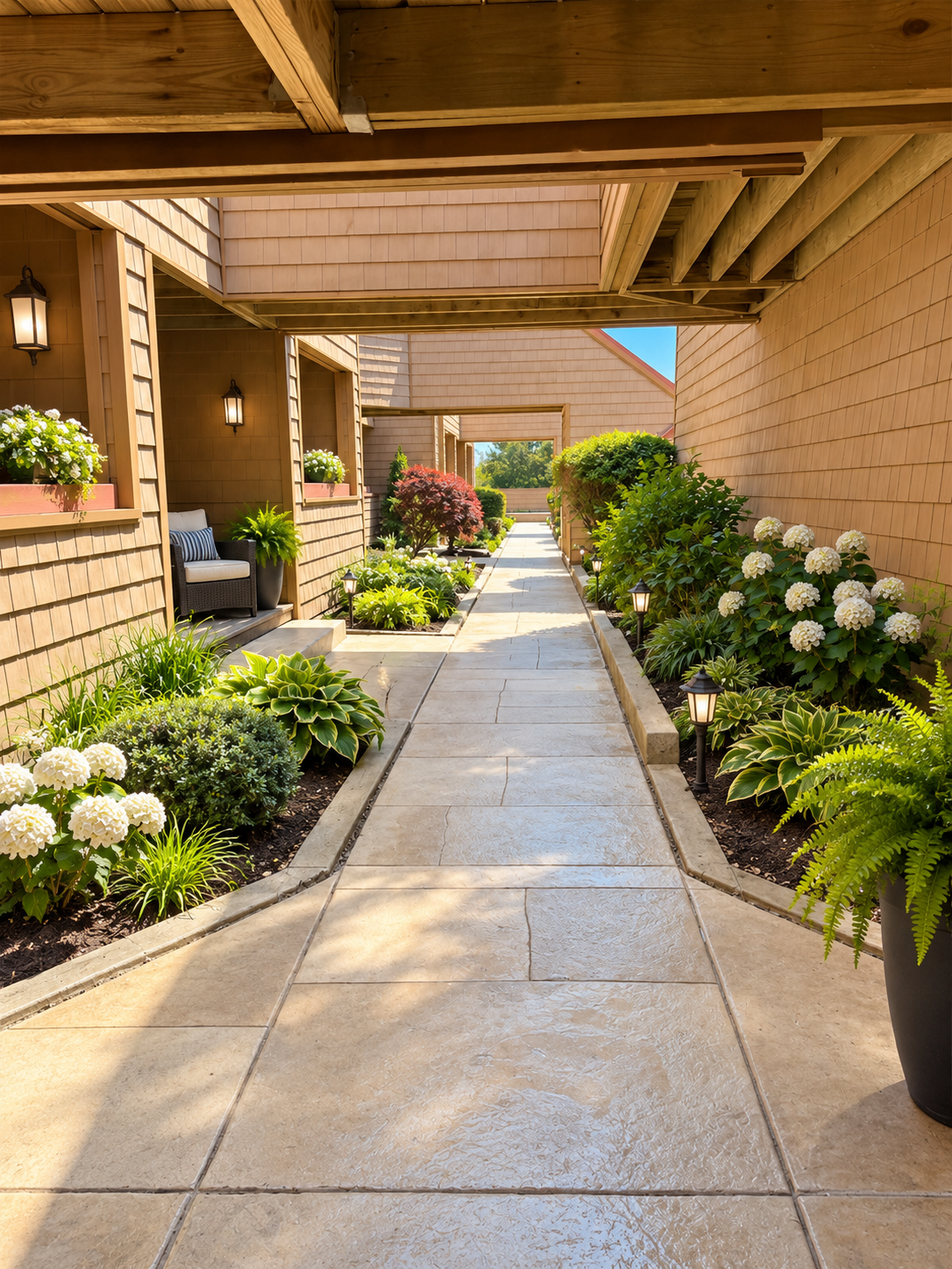 Concrete walkway with a low step, flanked by garden planters and a brick building on a sunny day