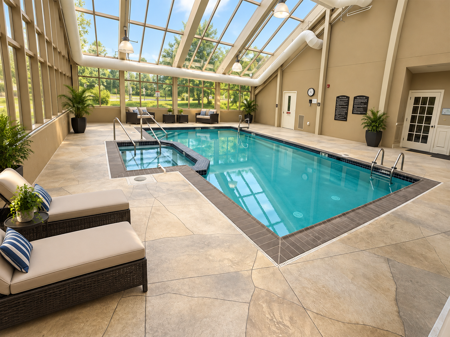 Indoor resort-style pool with lounge chairs and a glass roof
