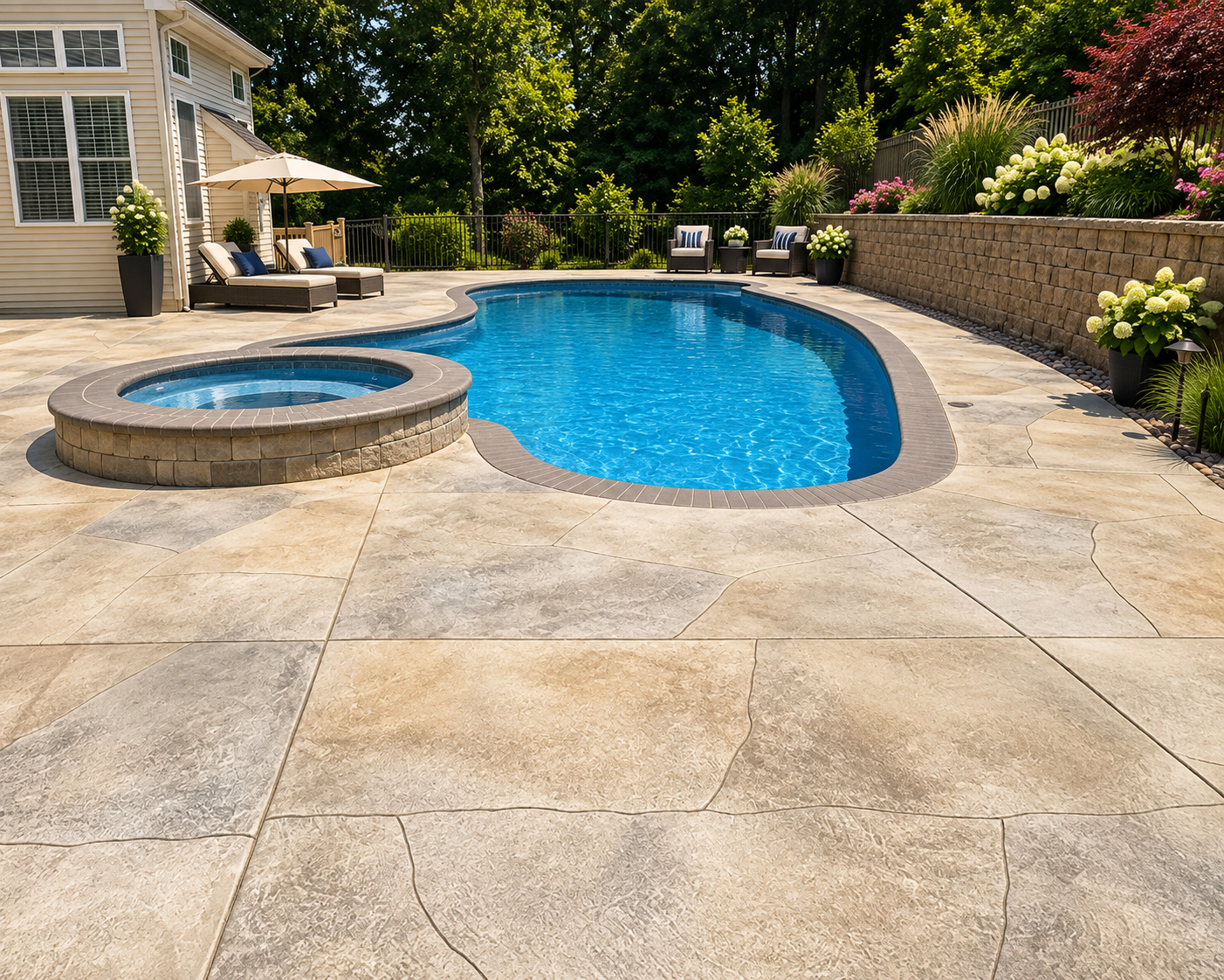 Backyard swimming pool with stone patio and attached hot tub beside a house, surrounded by trees and flowers