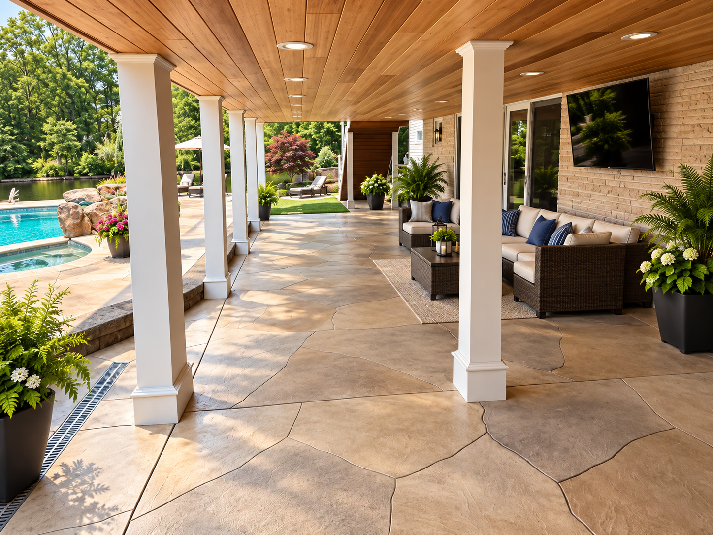 Covered patio with stone floor, white columns, wicker seating, and a pool view in the background