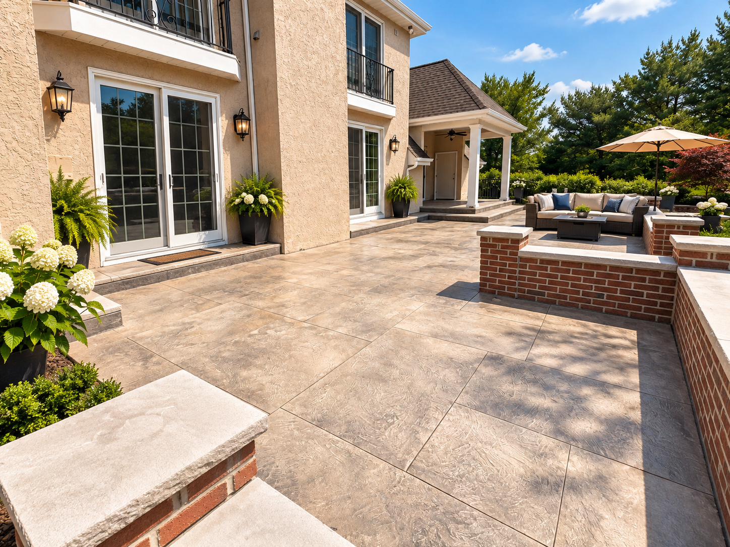 Sunlit stone patio beside a beige house, with brick seating and outdoor lounge chairs.