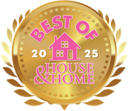 Gold award badge reading “Best of 2025 House & Home” with pink house icon and laurel wreath