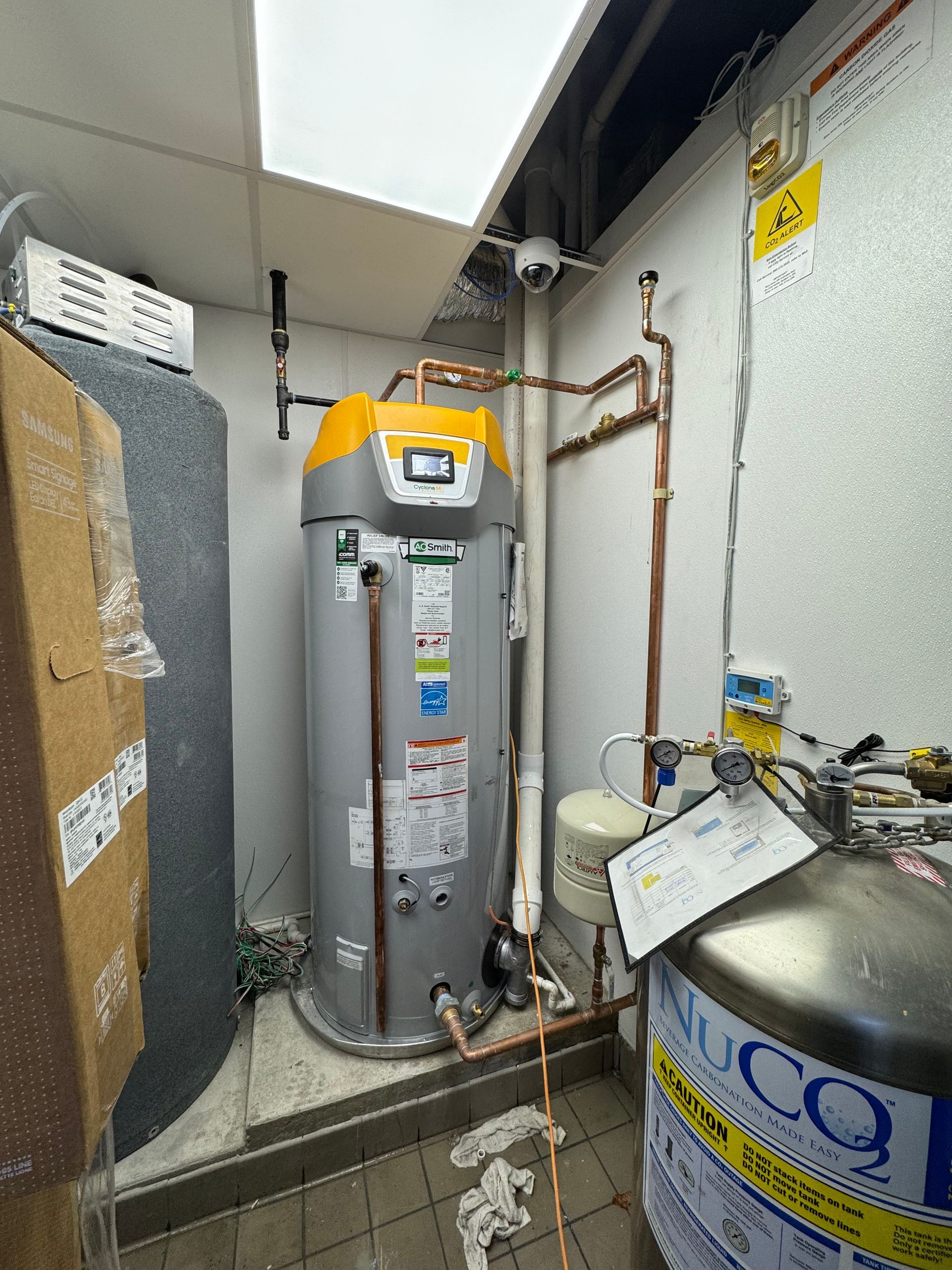 Commercial hot water heater install, 100 Gallon AO Smith