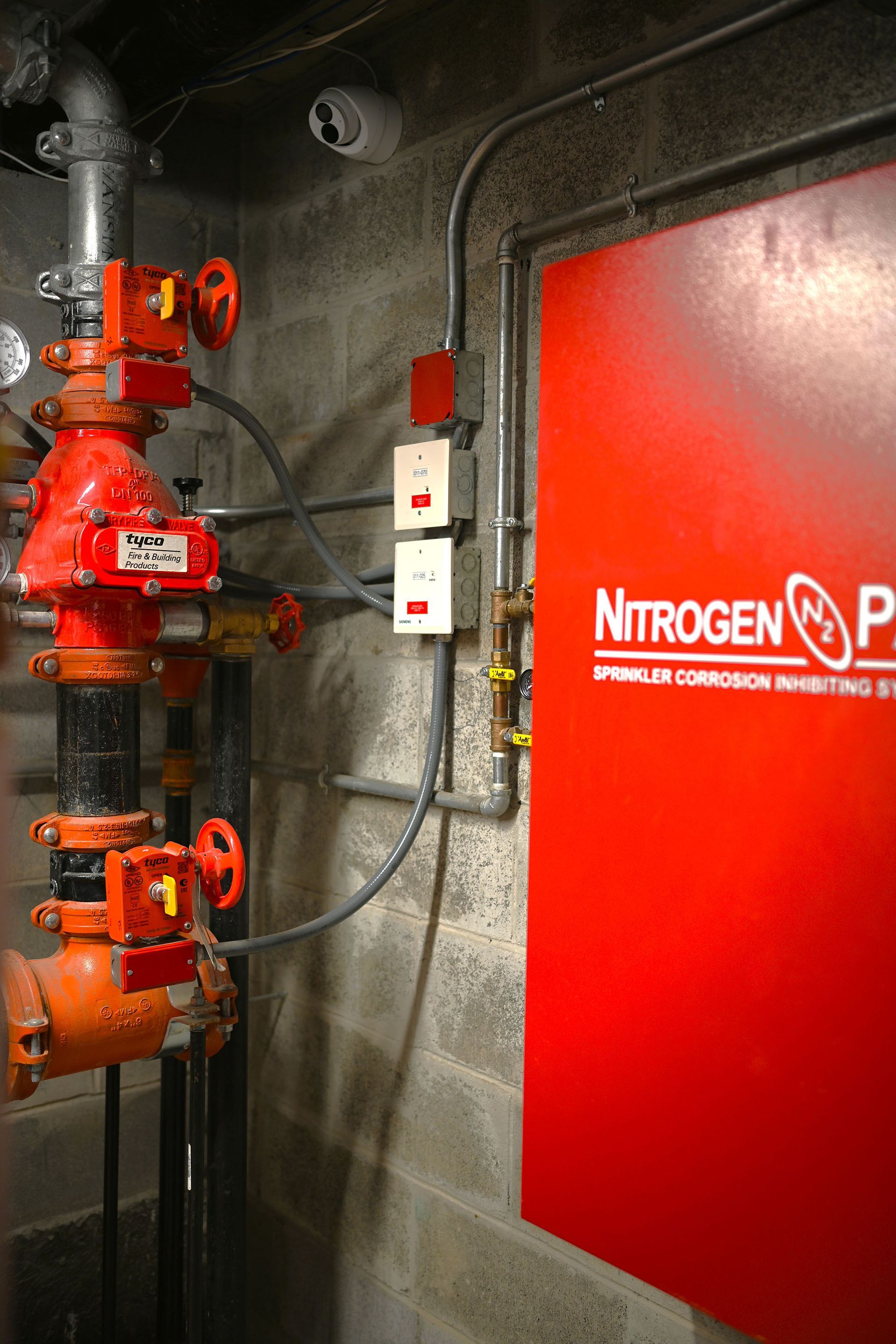 A red door with the word nitrogen on it