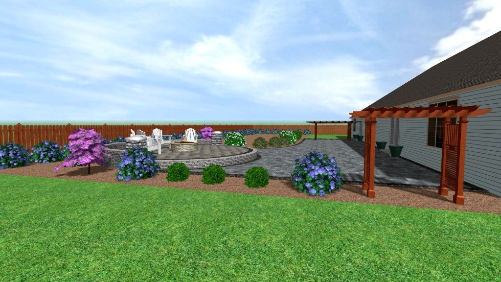 A backyard landscape design with a patio, fire pit, and pergola, with green grass and shrubs.