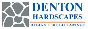Logo for Denton Hardscapes. Gray stone pattern next to blue text. "Design, Build, Amaze" below.