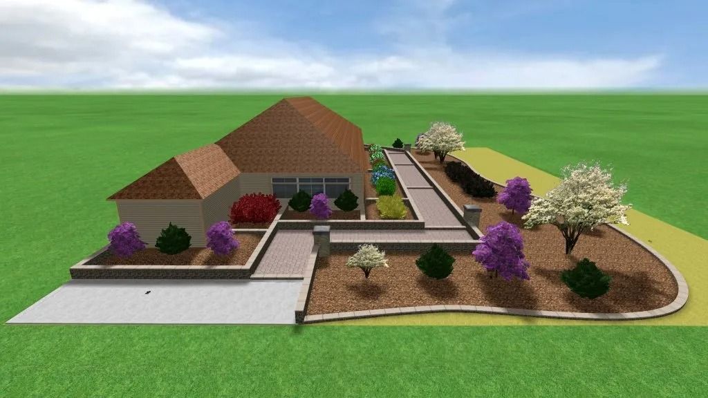 Rendering of a house with a landscaped yard; tan house, brown roof, trees, bushes, and a pathway with a retaining wall.