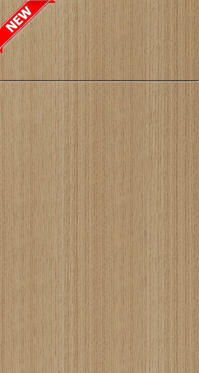 A light wood-grain cabinet door with a horizontal seam and a red 