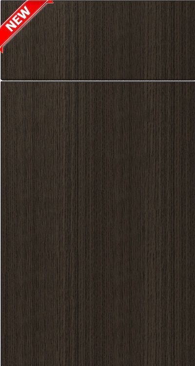 A vertical cabinet door in a dark brown, textured wood grain finish with a horizontal rail at the top and a red 