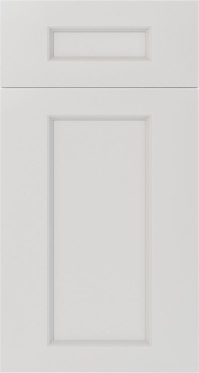 A light gray cabinet door featuring a classic Shaker-style design with a recessed rectangular center panel.