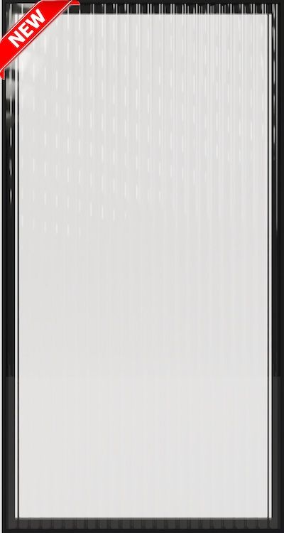 Vertical rectangular glass panel with fine white vertical lines and a black frame, marked with a red 