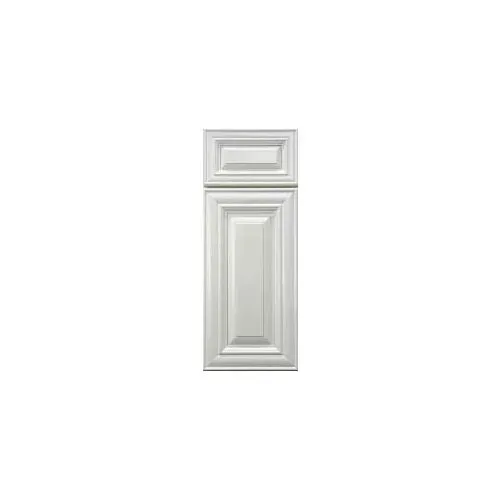White, raised panel kitchen cabinet with a top panel and a large central panel.
