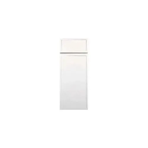 White, tall cabinet with a small upper section and a long, rectangular door.