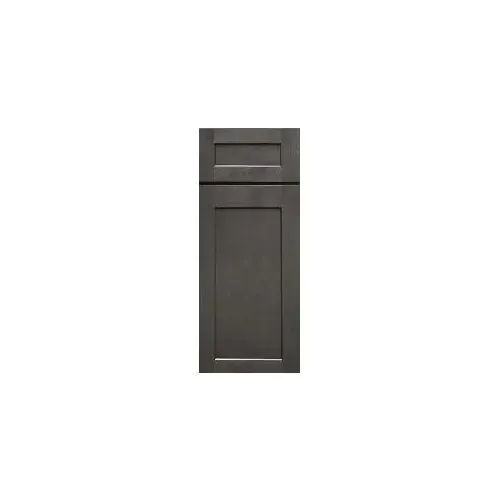 Gray-colored kitchen cabinet with a raised panel door.
