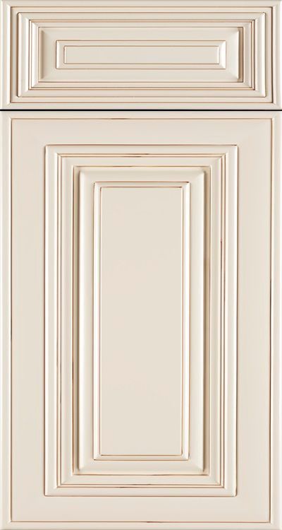 Cream-colored kitchen cabinet door with rectangular recessed paneling.