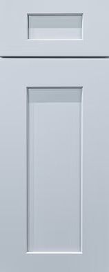White cabinet door with recessed panel and rectangular handle cutout above.