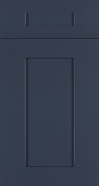 Navy blue cabinet door with a rectangular recessed panel.