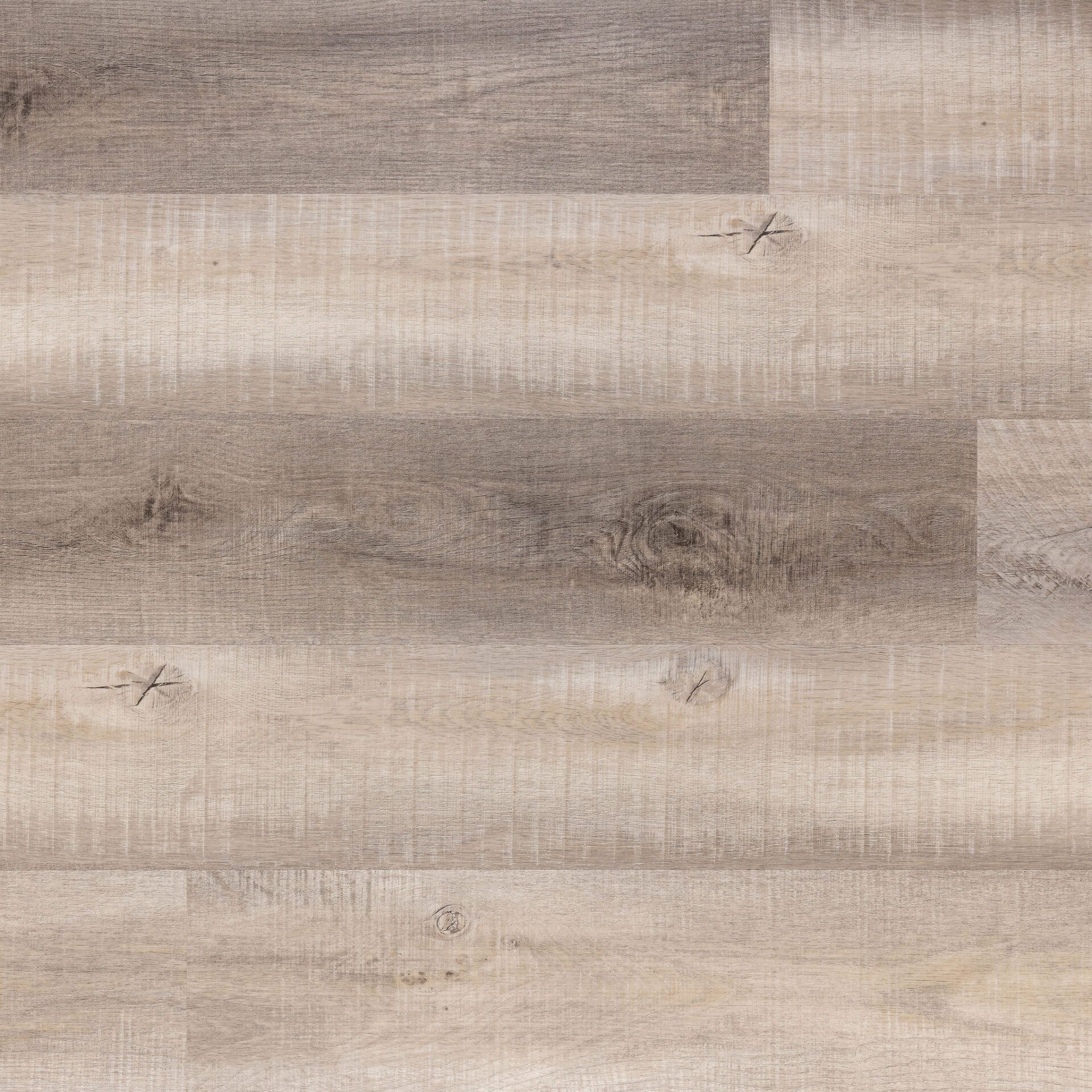Wood-look flooring in shades of light brown and gray, with visible wood grain and knot details.
