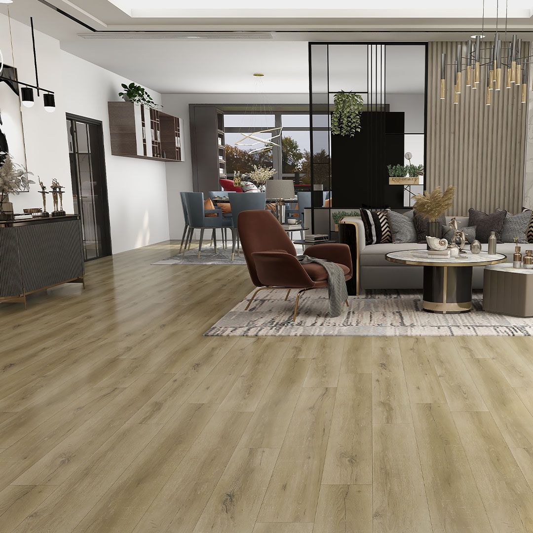 Open-plan living space with light wood flooring, sofa, chairs, and dining area.