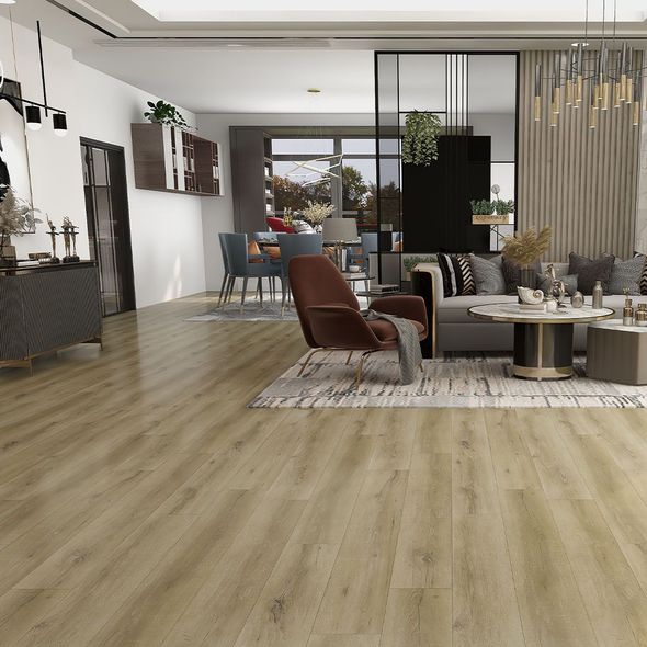 Open-plan living space with light wood flooring, sofa, chairs, and dining area.