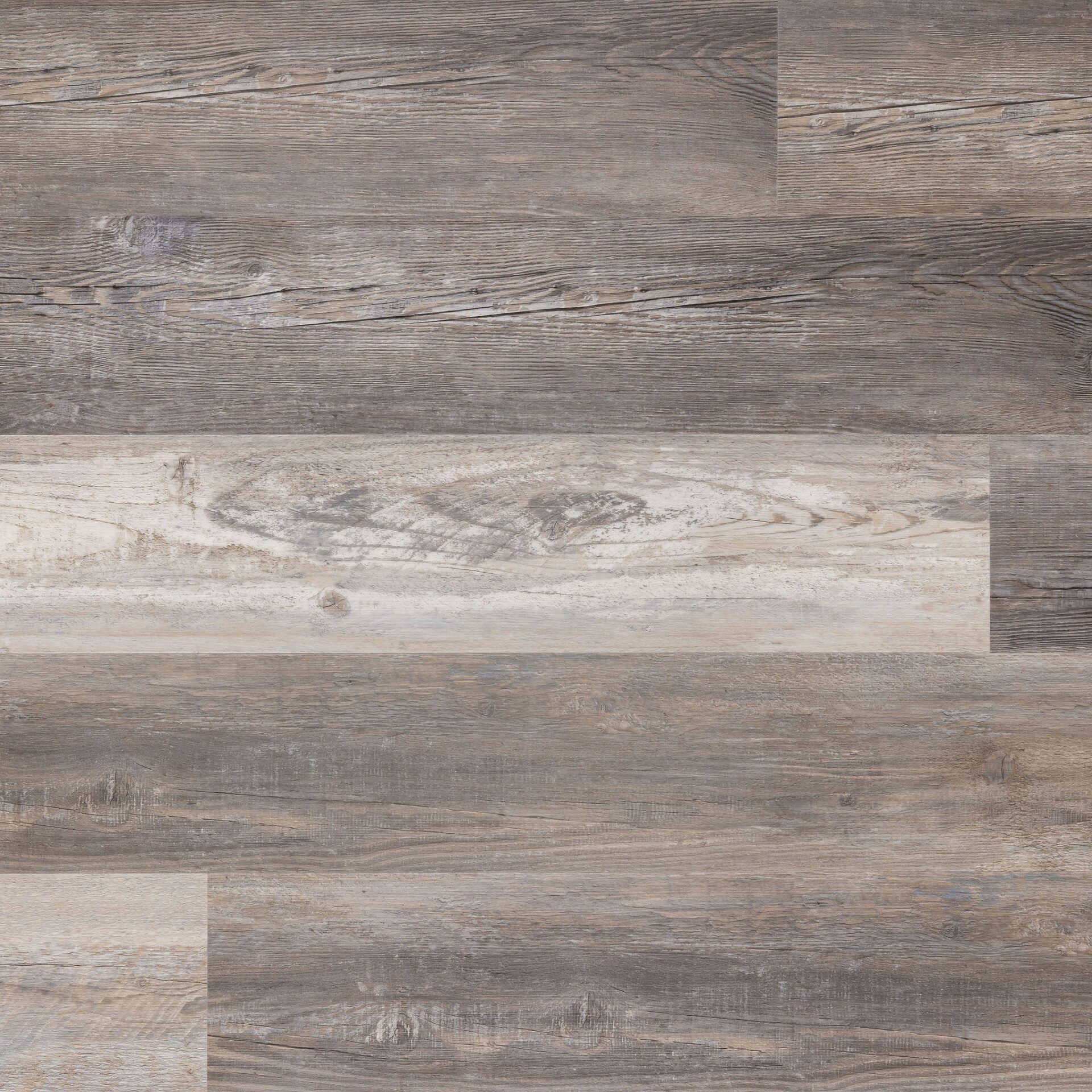 Wood-look floor with gray, brown, and beige tones. Horizontal planks with visible wood grain and knots.