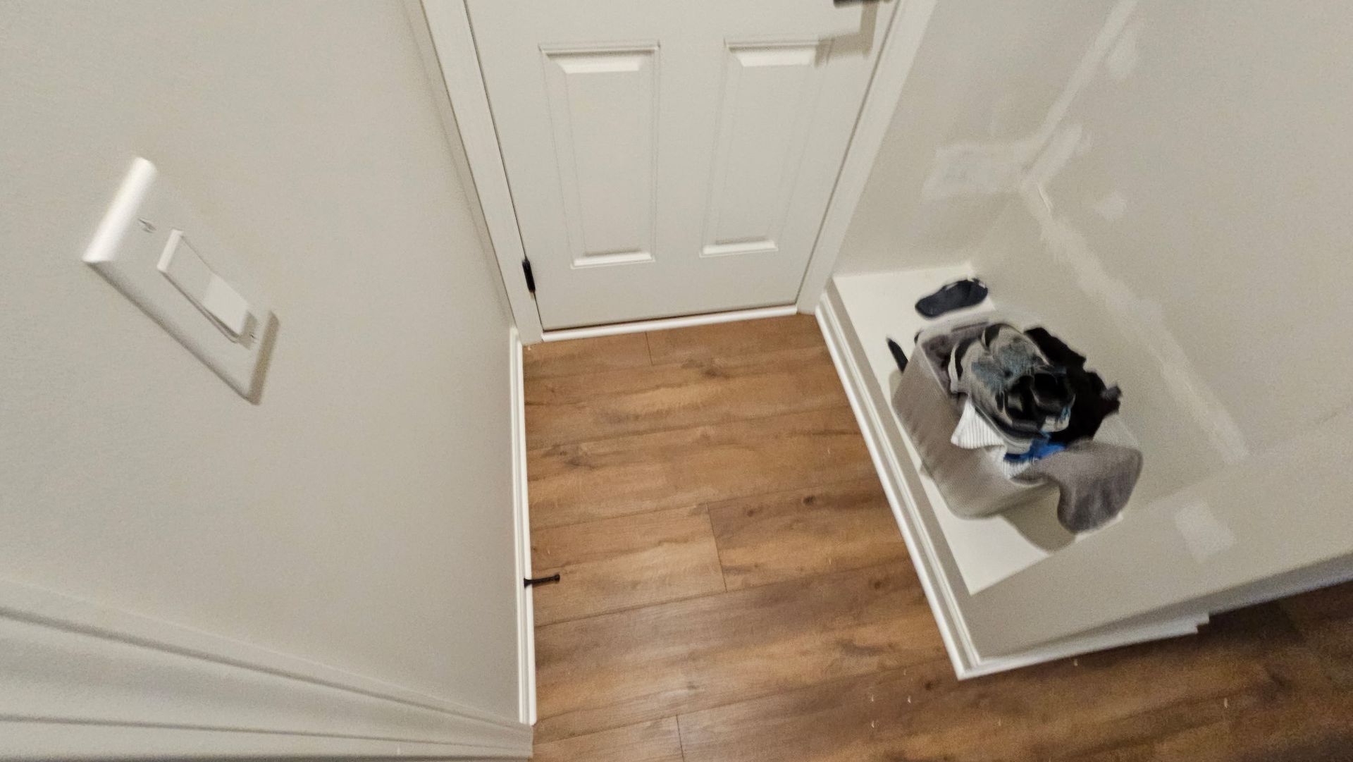 Small hallway with wood floor, white walls, a closed door, and shoes stored on a wall shelf.