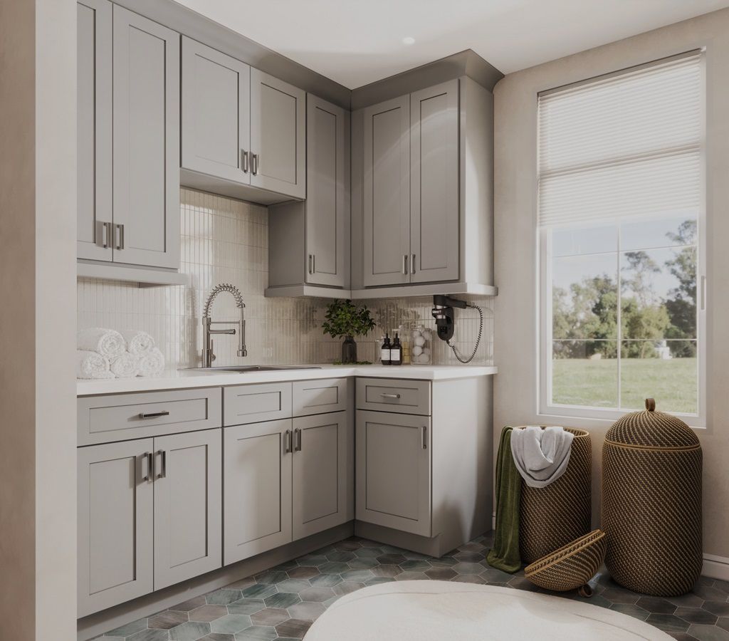 Gray laundry room with cabinets, sink, window, and laundry baskets.