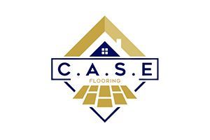 Logo for C.A.S.E. Flooring with a geometric design. Gold and blue colors, with a roof icon and floor tile representation.