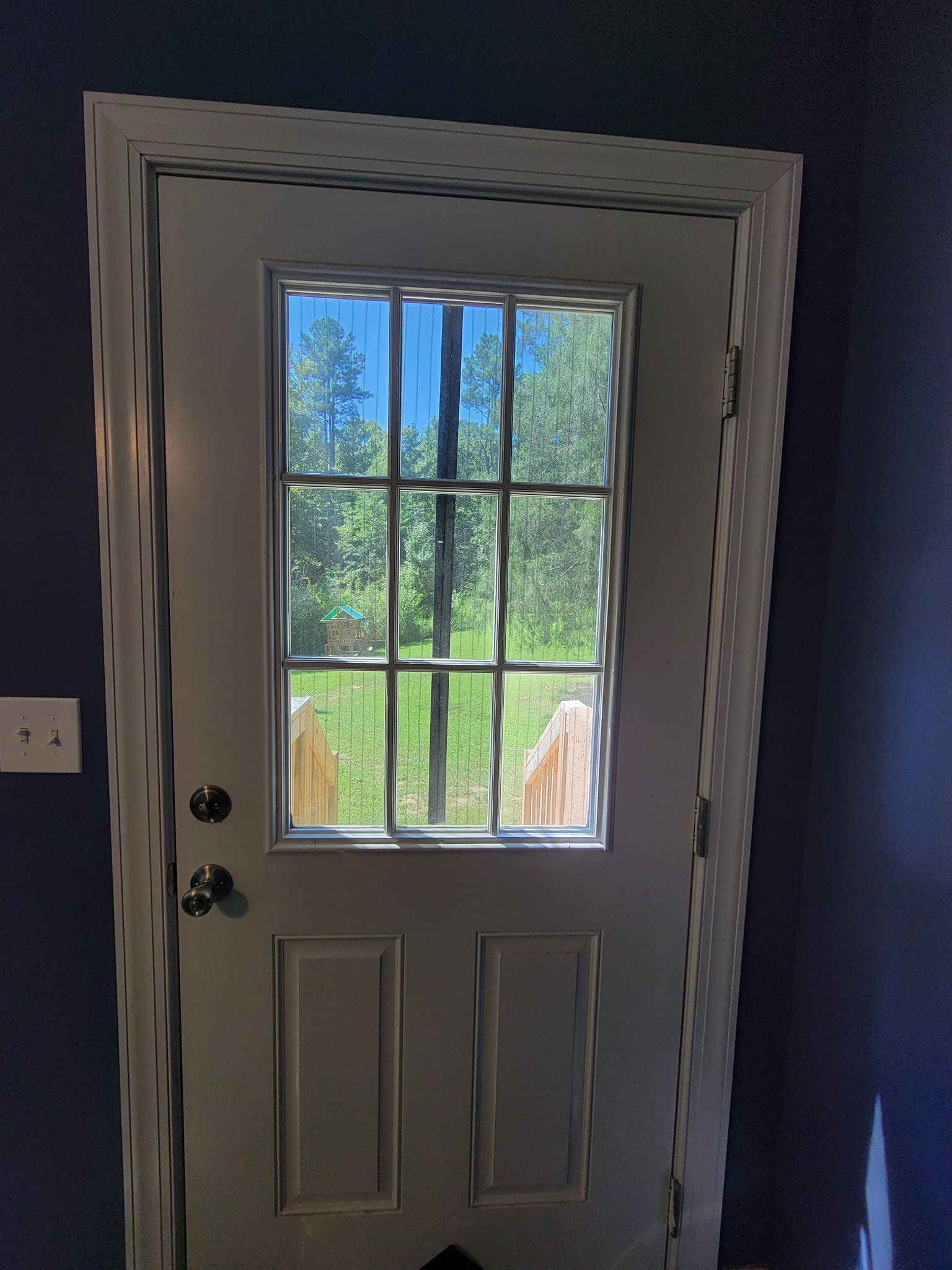 White door with a nine-pane window installed in a room with dark blue walls.