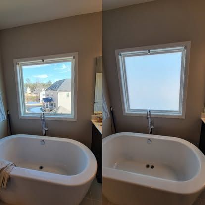 A side-by-side comparison of a bathroom window showing a clear view of a house before and a frosted finish after application.