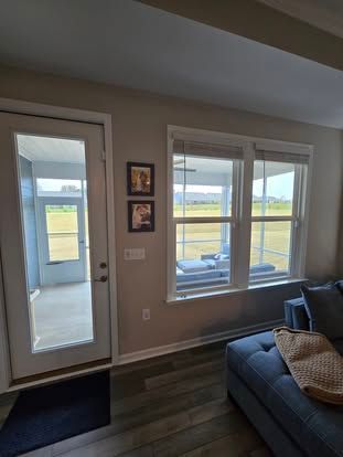 A glass door opens to a screened-in porch with two wall-mounted photos nearby and a corner of a blue sofa in the foreground.