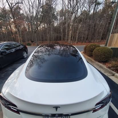 A white Tesla viewed from the back in a parking lot, showing its dark glass roof and tail lights against a wooded backdrop.