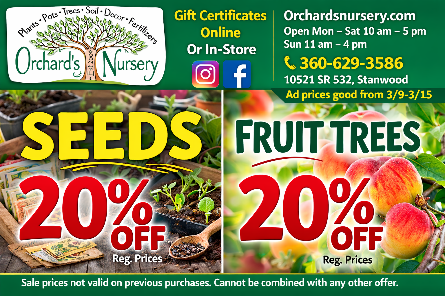 Advertisement for Orchard's Nursery: Garden Art and Houseplants are 20% off.  Open Mon-Sat 10 am - 5 pm.