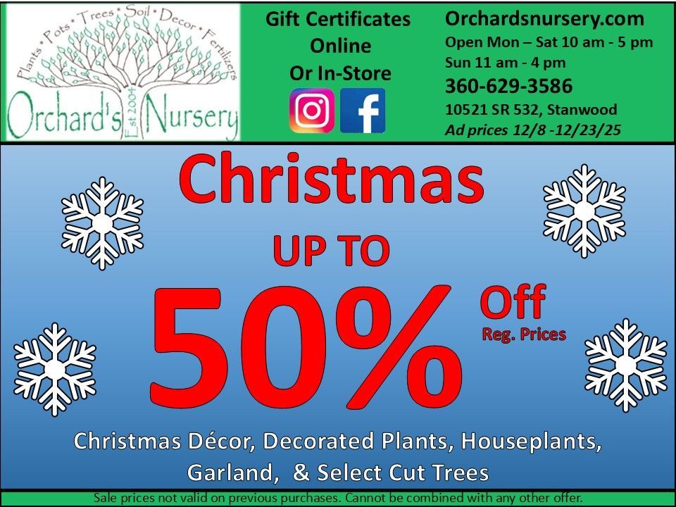 Advertisement for Orchard's Nursery: Garden Art and Houseplants are 20% off. Open Mon-Sat 10 am - 5 pm.