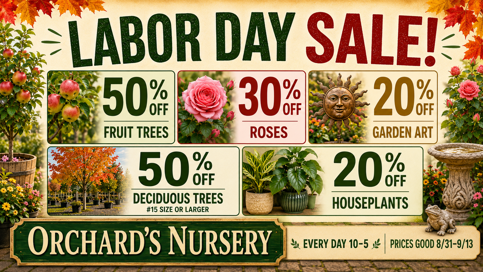 Advertisement for Orchard's Nursery: Garden Art and Houseplants are 20% off. Open Mon-Sat 10 am - 5 pm.