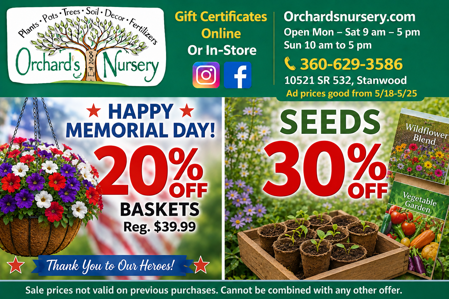 Advertisement for Orchard's Nursery: Garden Art and Houseplants are 20% off.  Open Mon-Sat 10 am - 5 pm.
