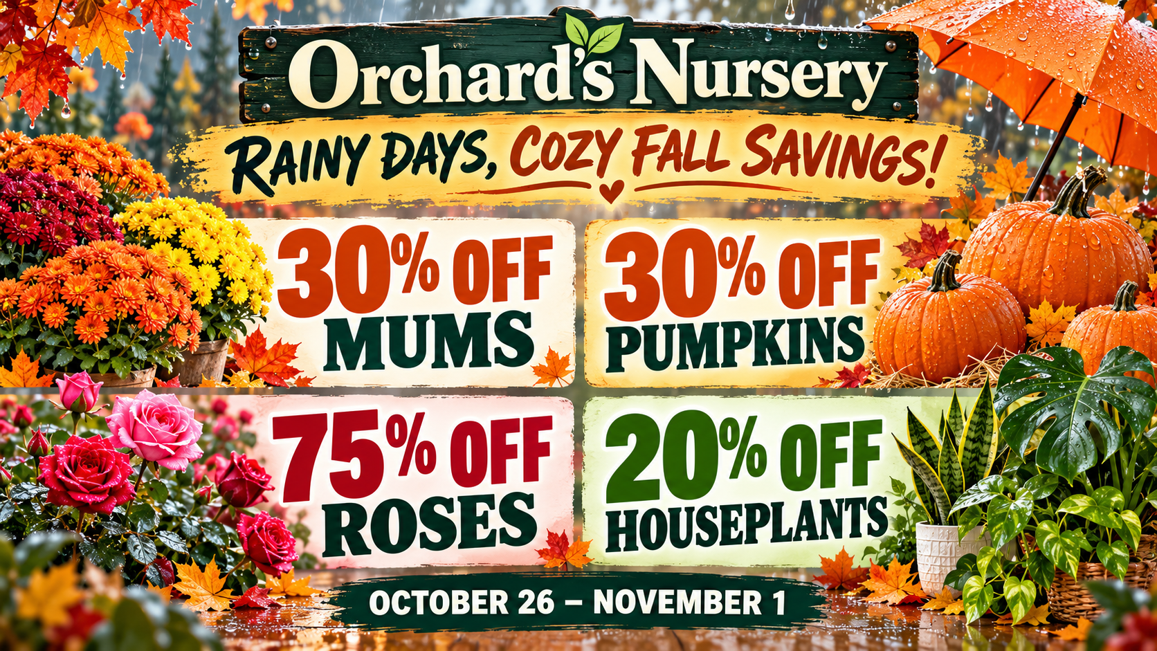 Advertisement for Orchard's Nursery: Garden Art and Houseplants are 20% off.  Open Mon-Sat 10 am - 5 pm.