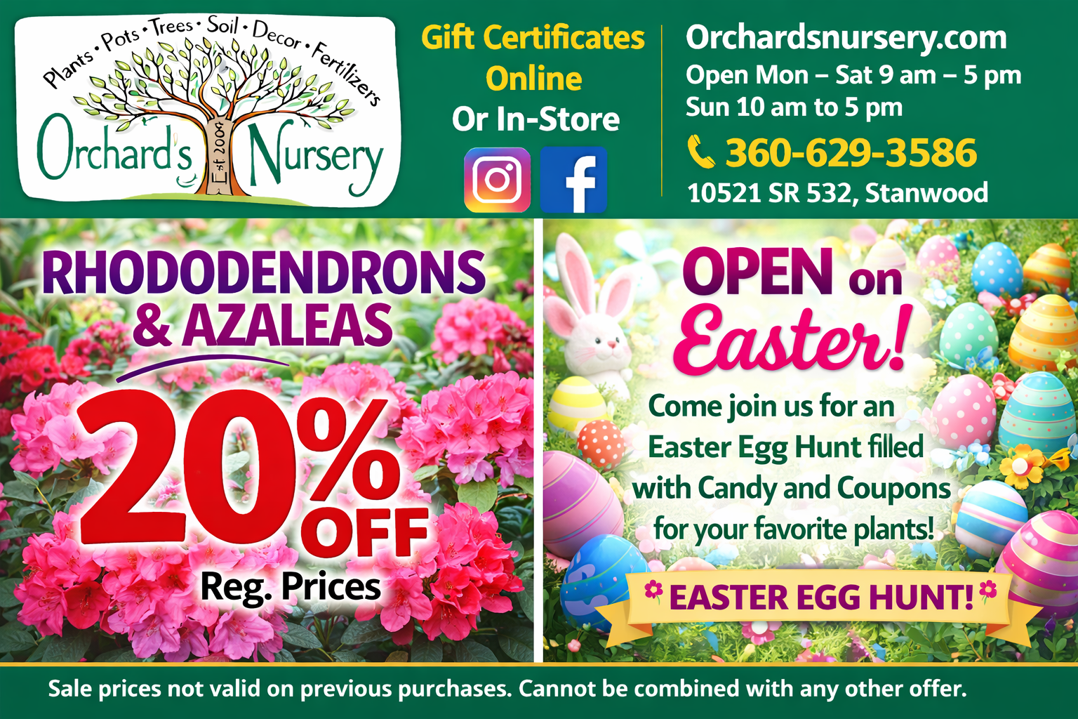 Advertisement for Orchard's Nursery: Garden Art and Houseplants are 20% off.  Open Mon-Sat 10 am - 5 pm.