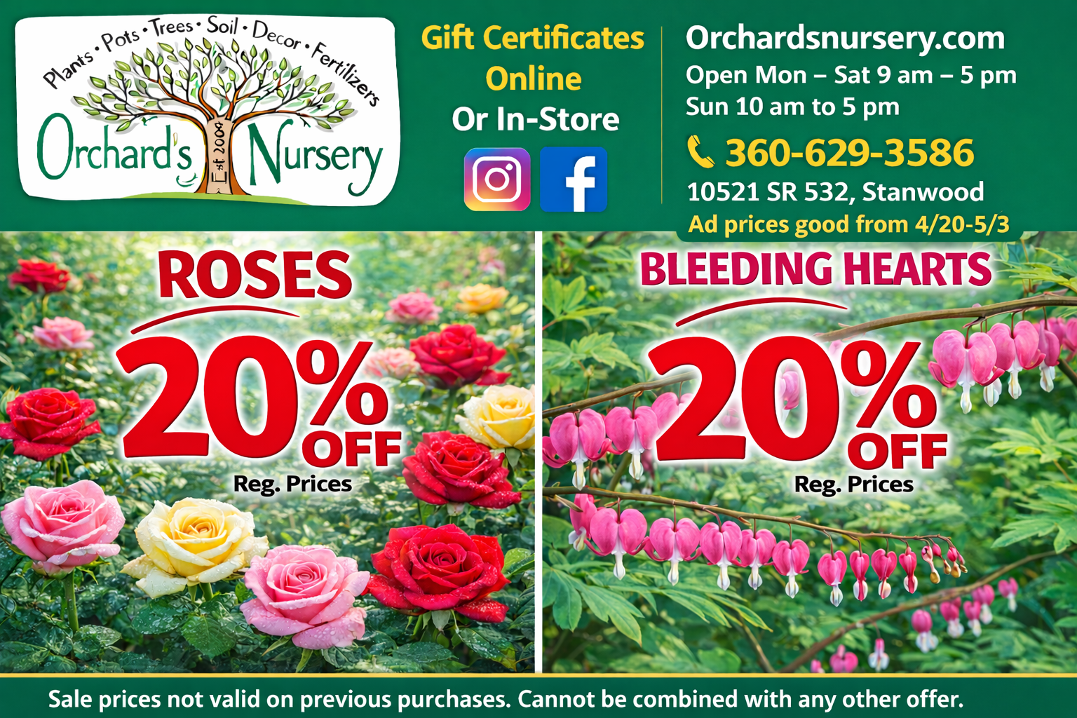 Advertisement for Orchard's Nursery: Garden Art and Houseplants are 20% off.  Open Mon-Sat 10 am - 5 pm.