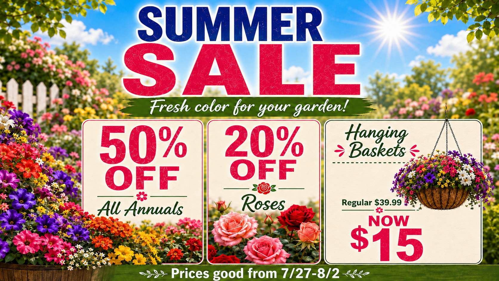 Advertisement for Orchard's Nursery: Garden Art and Houseplants are 20% off.  Open Mon-Sat 10 am - 5 pm.