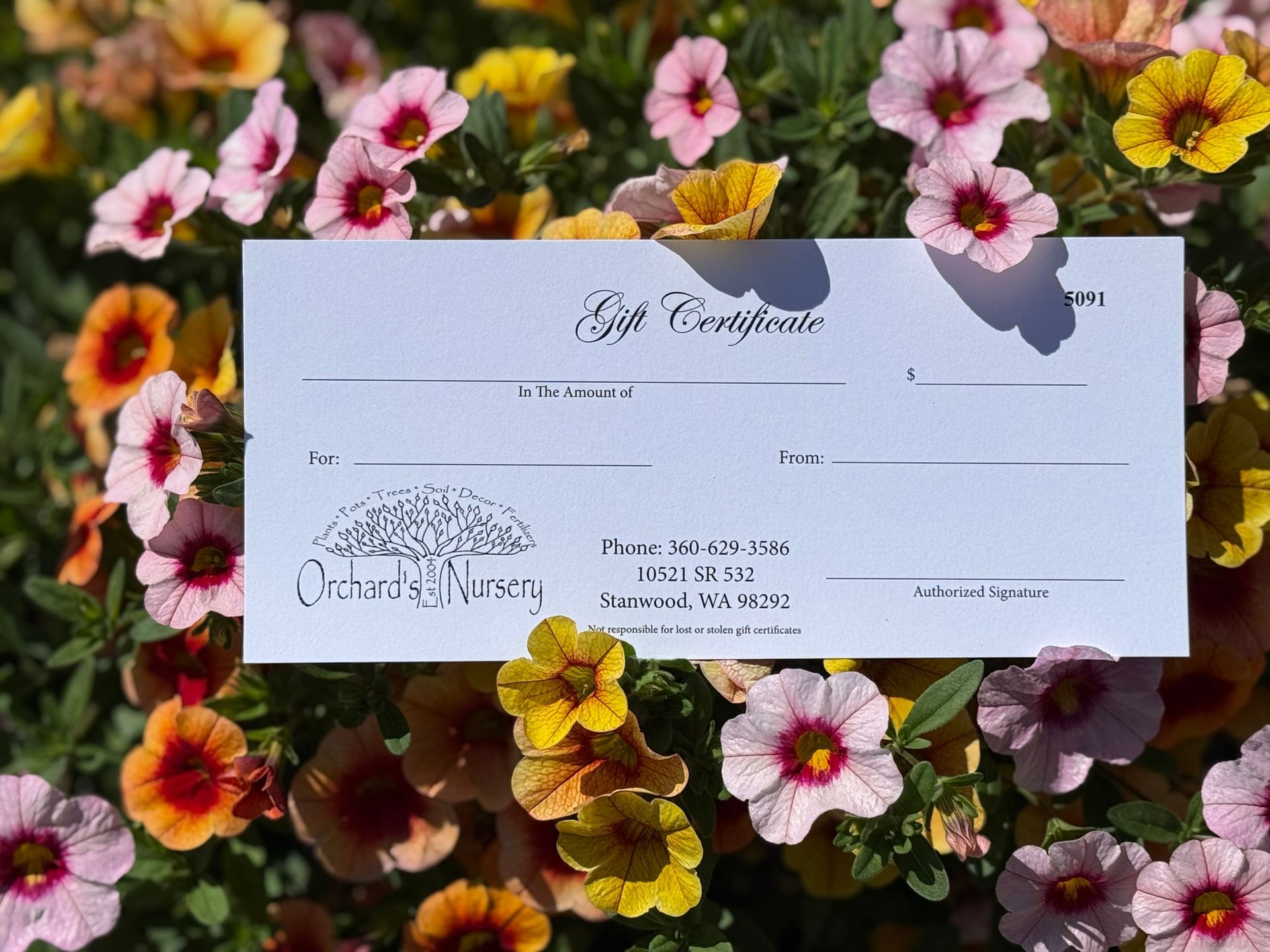 Gift certificate on flowers, featuring logo, contact info, and spaces to fill.