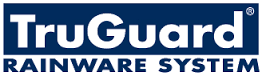 Logo for TruGuard Rainware System in white text on a blue rectangle.