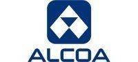 Logo of Alcoa in blue with white geometric shapes. The text 