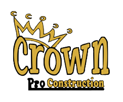 Logo: Gold crown over "Crown" and "Pro Construction" in black.