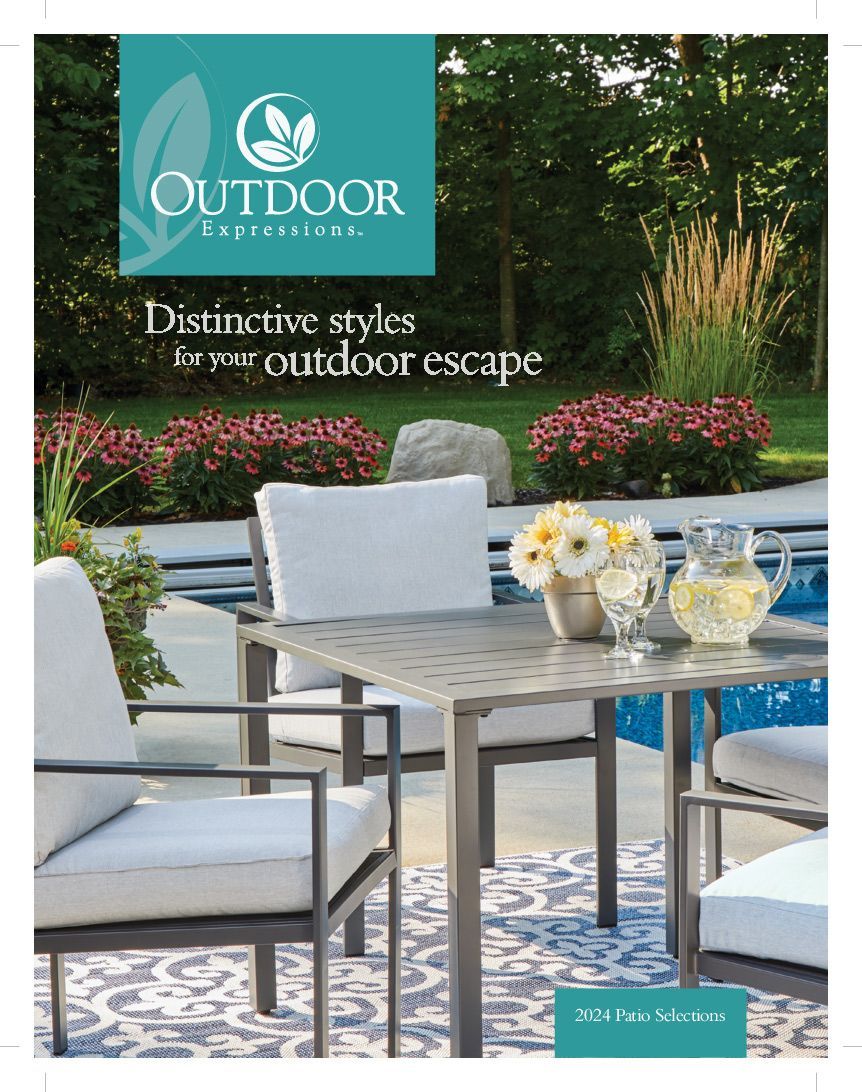 A brochure for outdoor furniture shows a table and chairs in front of a pool.