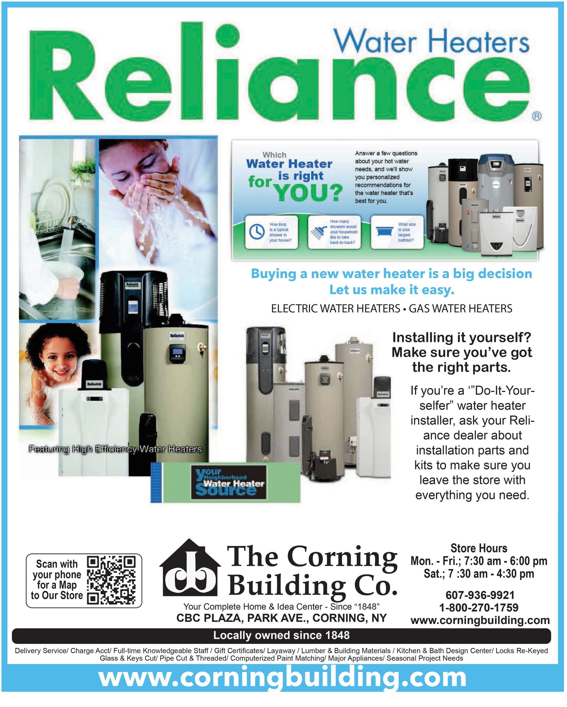 An advertisement for water heaters Reliance by The Corning Building Co.