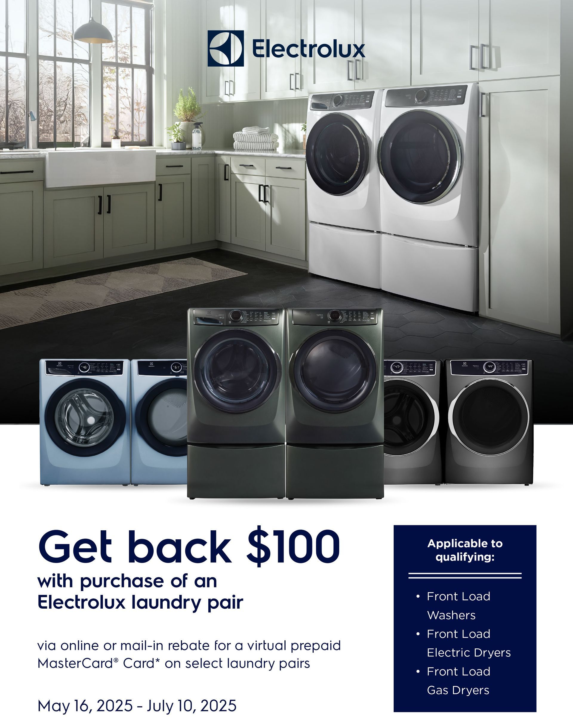 A flyer for Electrolux laundry appliances that says get back $ 100 with the purchase of an Electrolux laundry pair