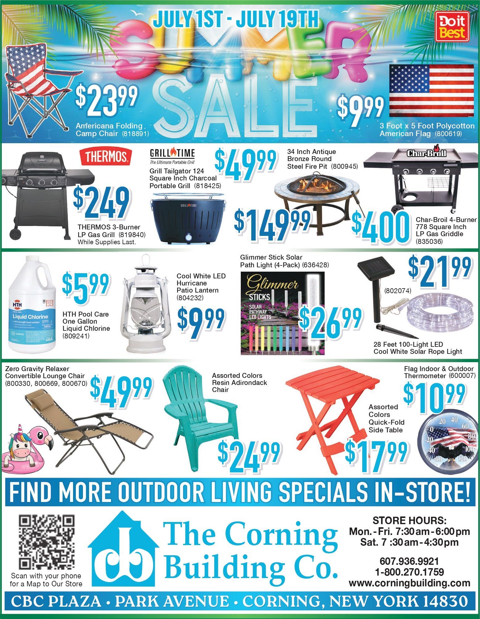 A flyer for a summer sale at the corning building co.