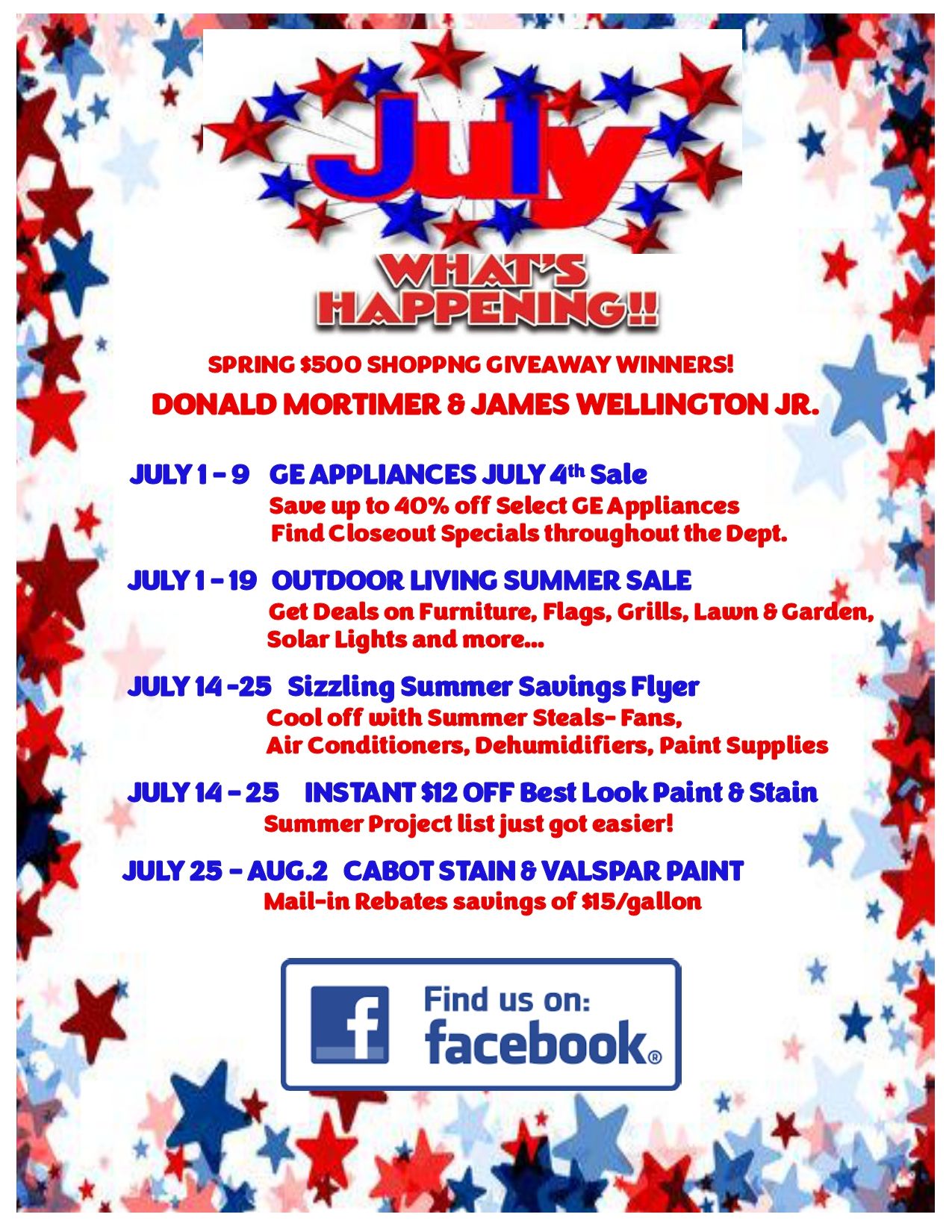 A red white and blue flyer for July What 's Happening